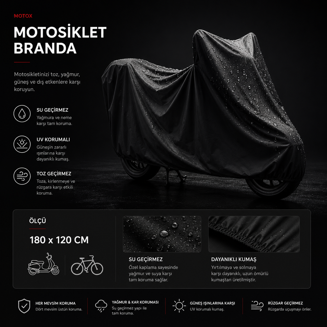 Motosiklet Branda | Su Geçirmez UV Korumalı 180x120 cm